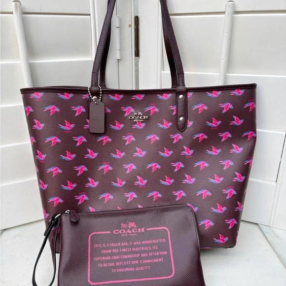 Coach Reversible City Tote Bag In Happy Bird Print Canvas 55870 Oxblood 1 - Picture 1 of 13